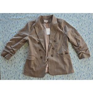 Skies Are Blue Tan Plaid Double Breasted Ruched Sleeve Blazer XL 24953ST NEW